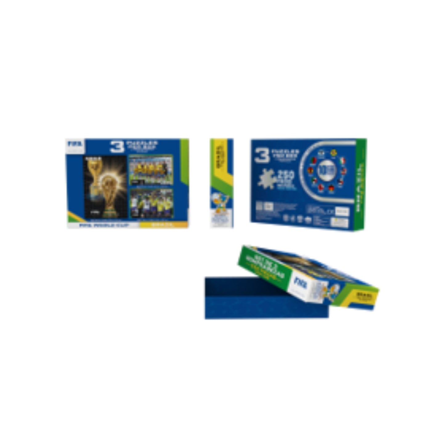 Rompecabezas FIFA 3 en 1, cajas azules con varias imágenes deportivas