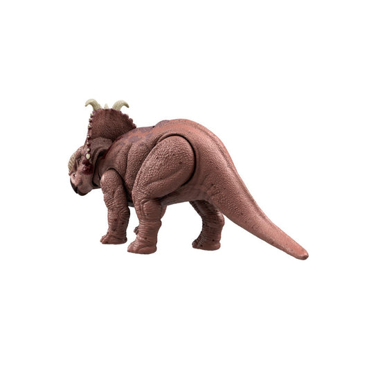 Figura de dinosaurio Triceratops marrón, vista lateral, juguete coleccionable de Mattel