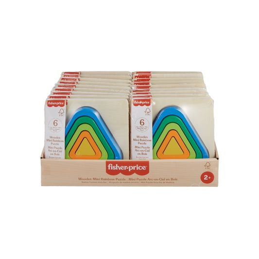 Rompecabezas de madera Fisher Price, triángulos coloridos, vista frontal, juego educativo