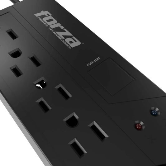 Regulador de voltaje 1000VA FORZA modelo LL05 con múltiples tomas de corriente y diseño compacto