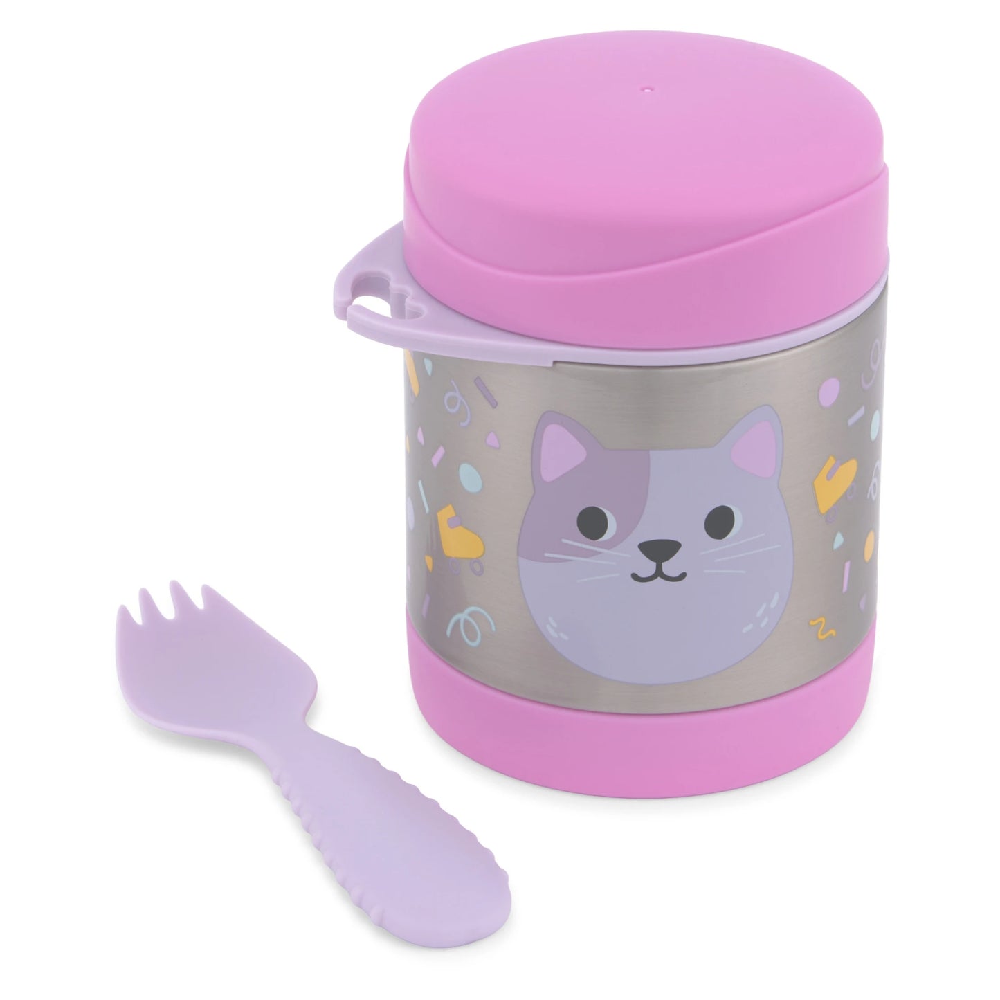 Frasco rosa con diseño de gato, incluye cuchara, ideal para meriendas infantiles