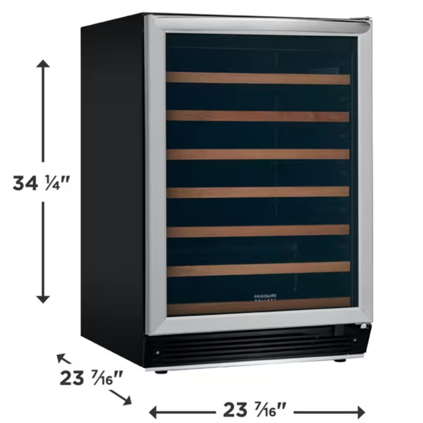 cava negra de Frigidaire con estantes de madera, vista frontal
