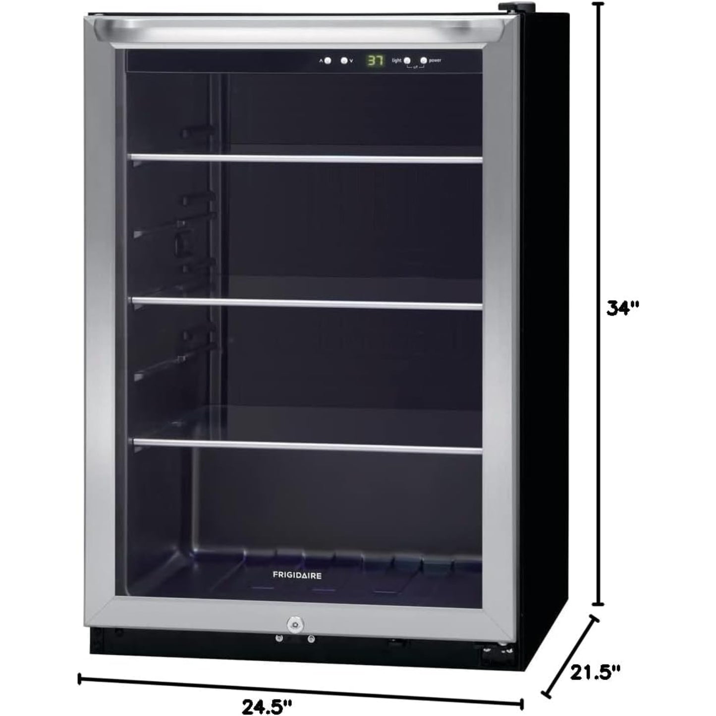 Enfriador Frigidaire de acero inoxidable, vista frontal con estantes, cocina moderna