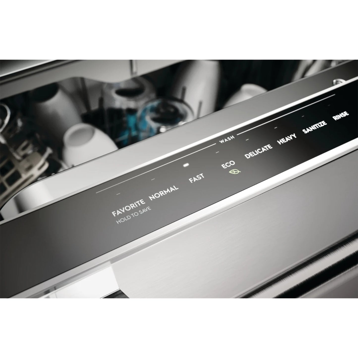 Panel de control del lavavajillas empotrable Frigidaire, funciones y opciones visibles