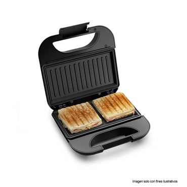 sandwichera Frigidaire acero inoxidable abierta con dos sándwiches dorados