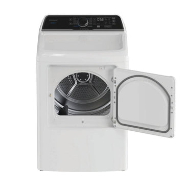 Secadora Frigidaire 25 kg alta eficiencia con puerta abierta y panel de control digital