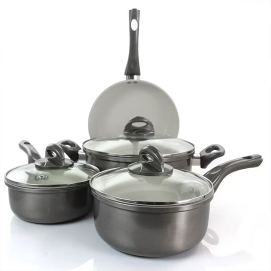 Juego de cacerolas gris GIBSON HOME con tapas de vidrio y mangos ergonómicos