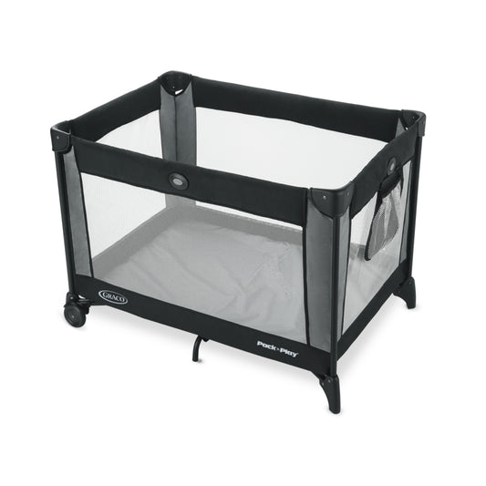 Corral portátil Graco negro con malla y ruedas para fácil transporte