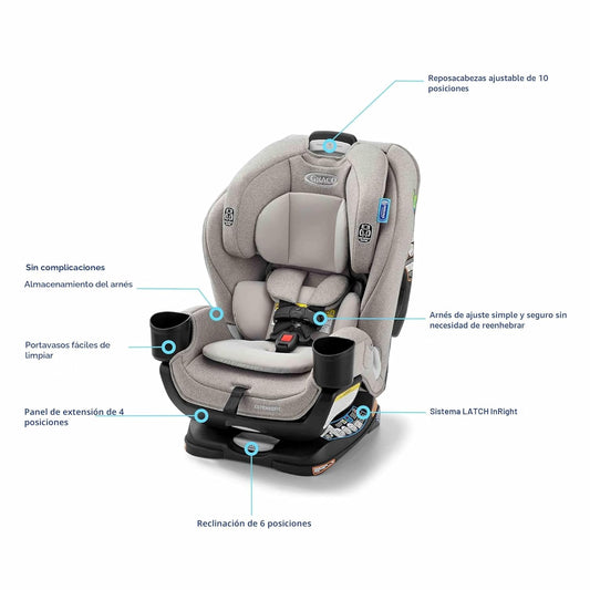 silla Graco gris lateral con reposacabezas ajustable y portavasos