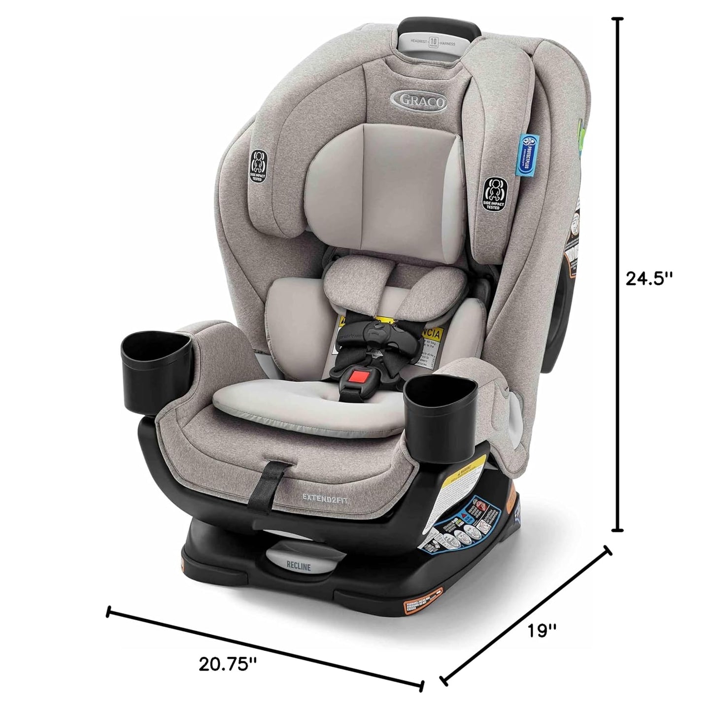 Silla de auto GRACO gris frontal, vista lateral con medidas y detalles de seguridad