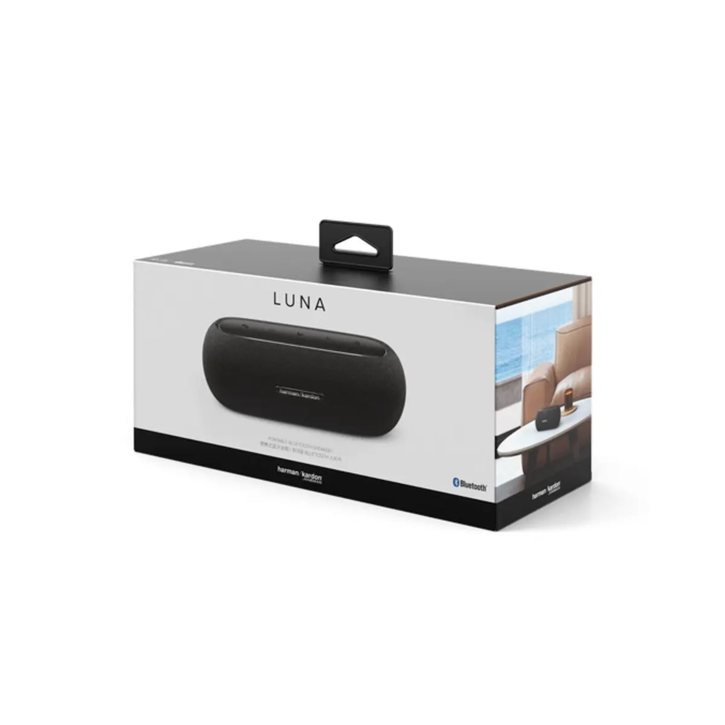 Parlante HARMAN KARDON LUNA negro en su caja, ideal para audio en casa