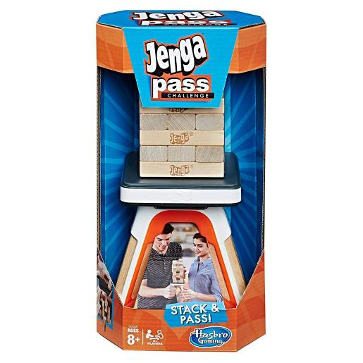 Juego Jenga Pass Challenge Hasbro, empaque frontal con vista de bloques apilados
