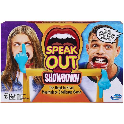 Juego Speak Out Showdown de Hasbro, caja frontal con caricaturas, divertido y desafiante