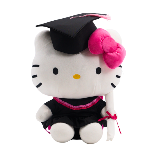 Mochila Hello Kitty graduada con gorro negro y vestido rosa, vista frontal