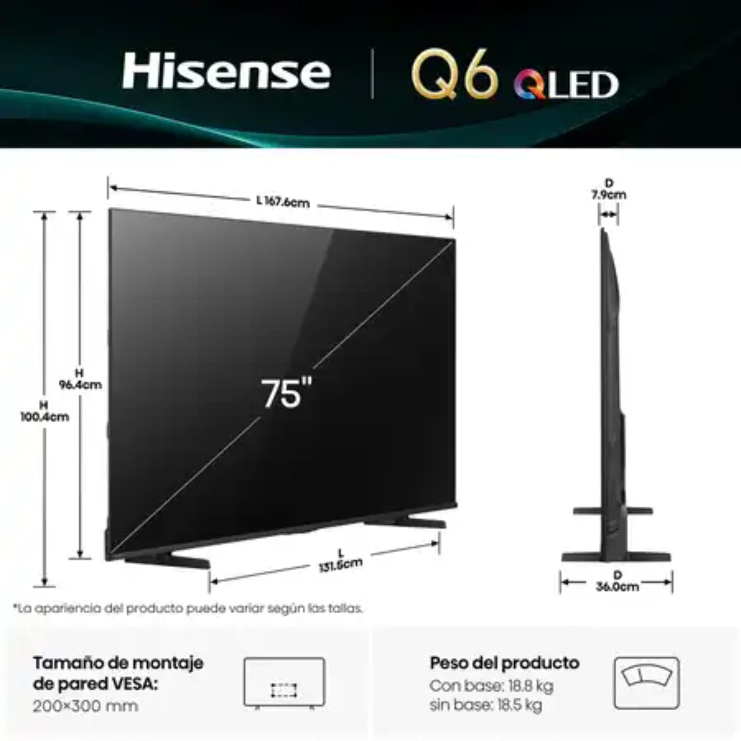Televisor Hisense Q6 QLED 75 pulgadas, vista lateral, diseño elegante y moderno