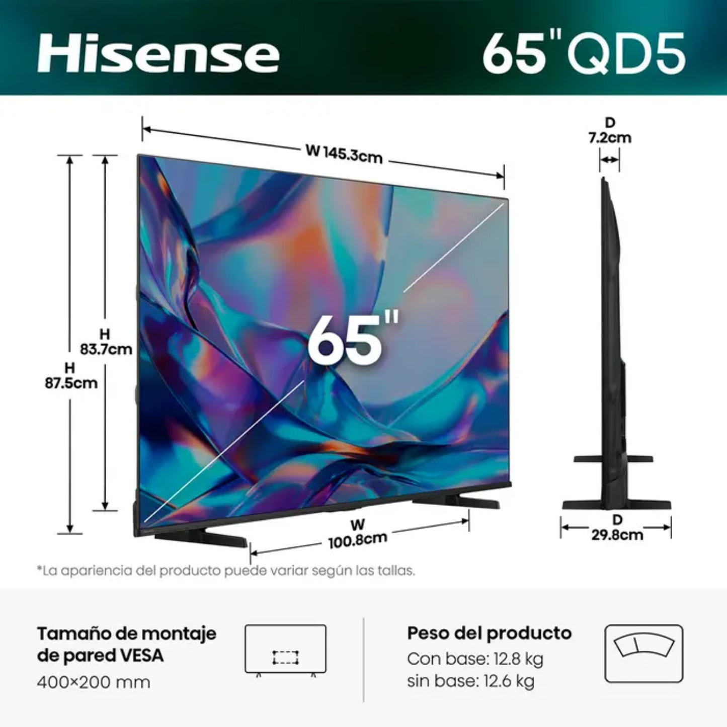 Televisor Hisense Smart de 65 pulgadas, vista frontal, diseño moderno