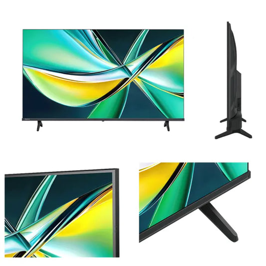 Televisor HISENSE Smart, modelo frontal y lateral, pantalla brillante