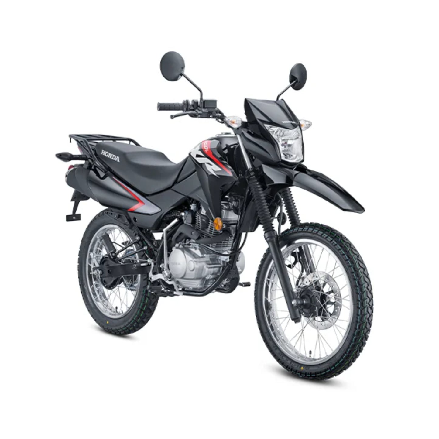 moto resistente para todo terreno Honda XR150L, vista lateral, color negro