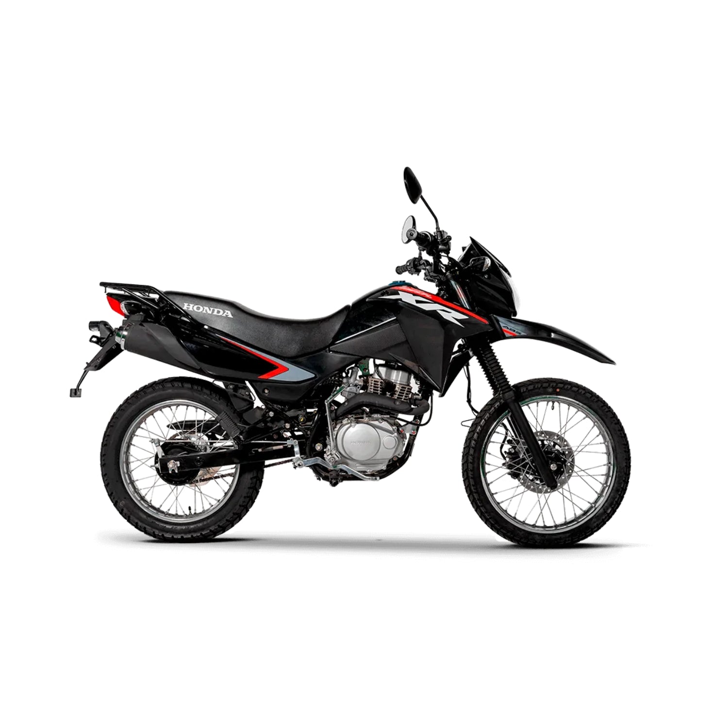 moto resistente para todo terreno Honda XR150L, vista lateral en color negro.