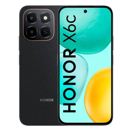 Teléfono HONOR X6C negro vista frontal y trasera en fondo blanco