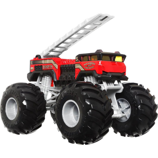 Coche Hot Wheels rojo modelo camión de bomberos, vista lateral con gran tamaño