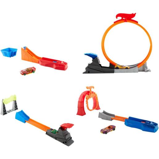 Pista Hot Wheels color naranja y gris con loop y rampas para coches de juguete