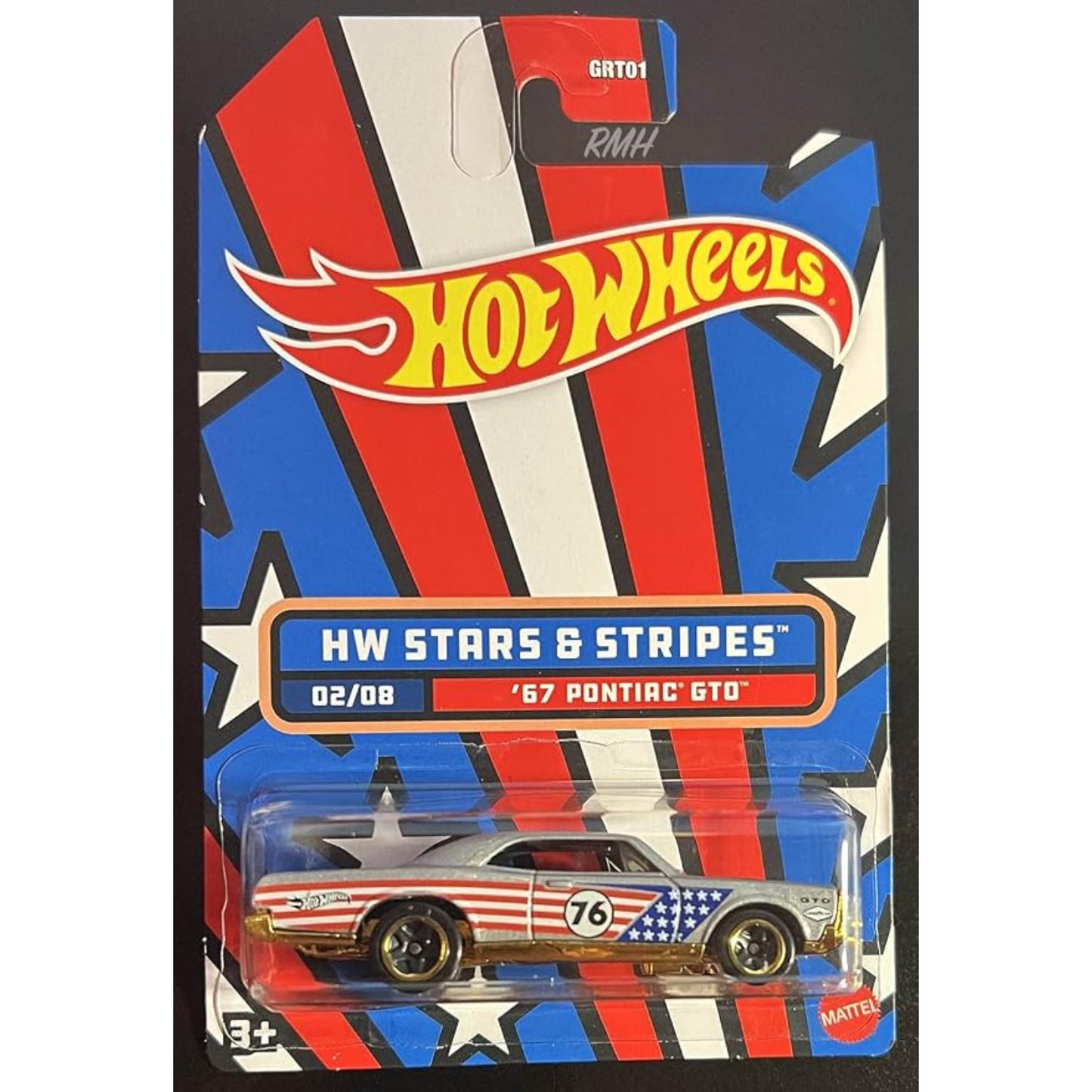 Carrito Hot Wheels '67 Pontiac GTO con diseño de estrellas y rayas
