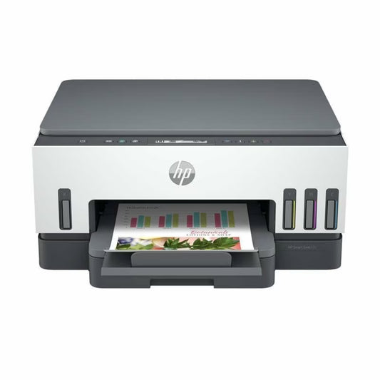 Impresora HP blanca, vista frontal, impresión de gráficos coloridos