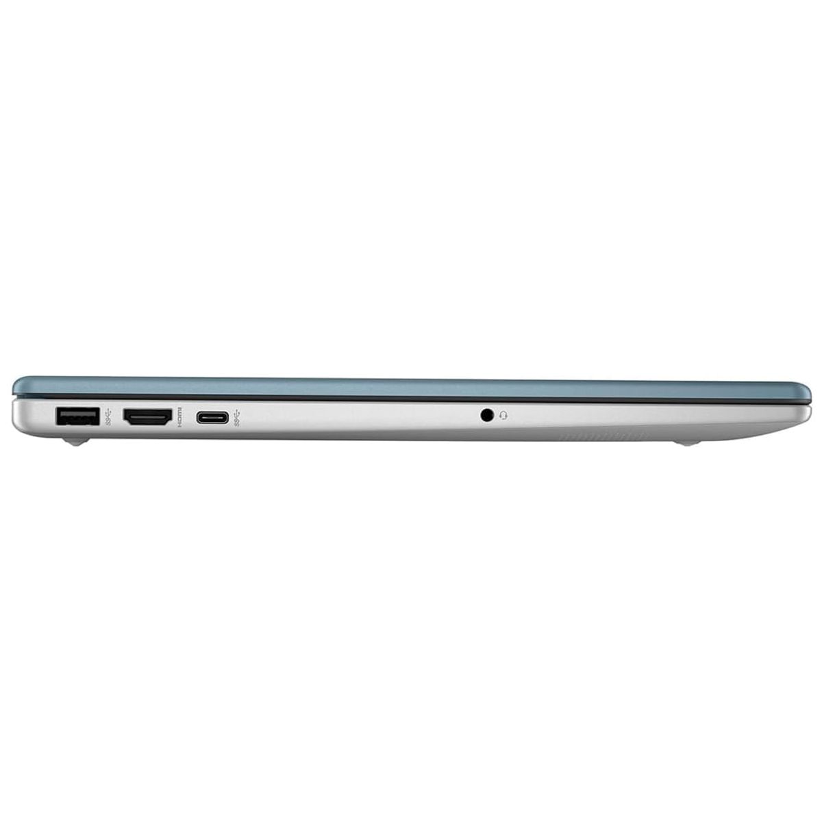 Laptop HP gris lateral, mostrando puertos y diseño delgado