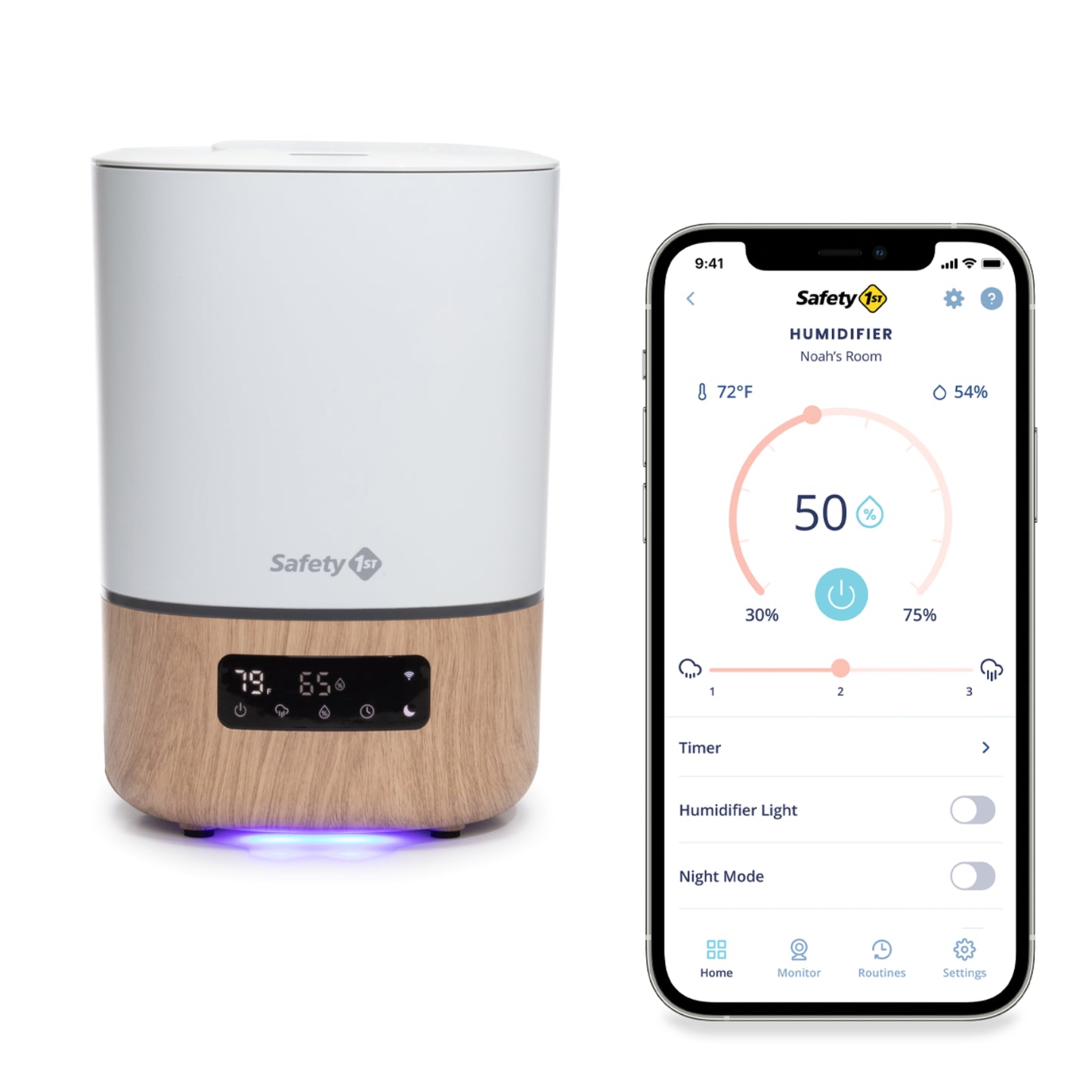 Humidificador inteligente blanco y madera con control de app móvil