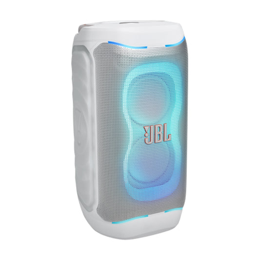 Altavoz JBL blanco con luces LED, vista lateral, audio potente
