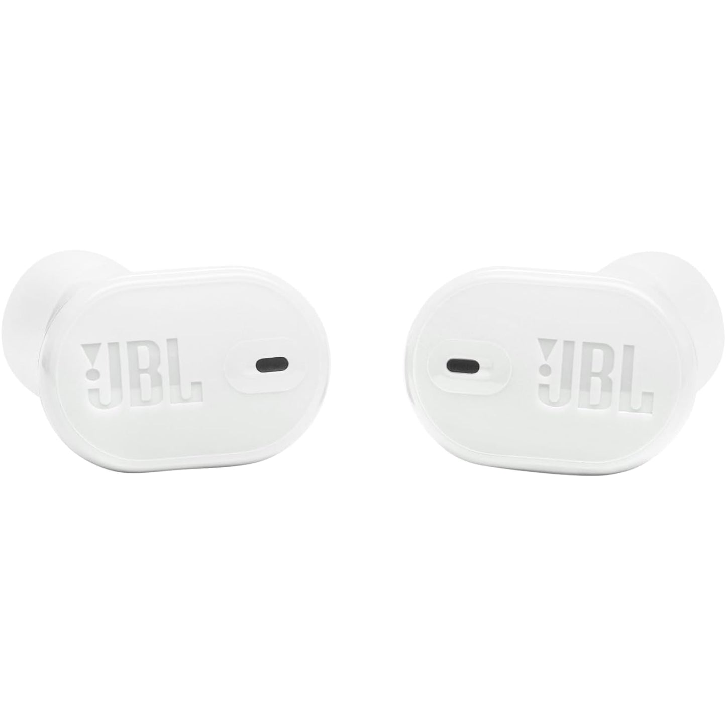 Auriculares bluetooth JBL blancos, vista frontal en fondo neutral