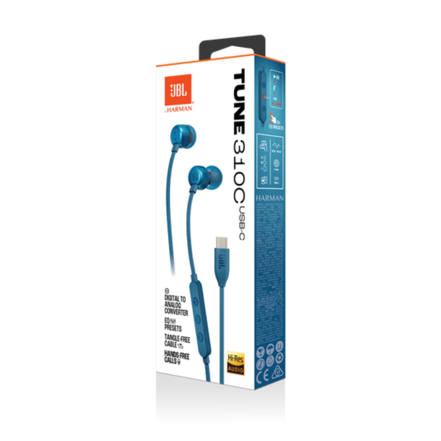 Auriculares USB-C JBL Tune 310 color azul, con micrófono, paquete frontal y controles