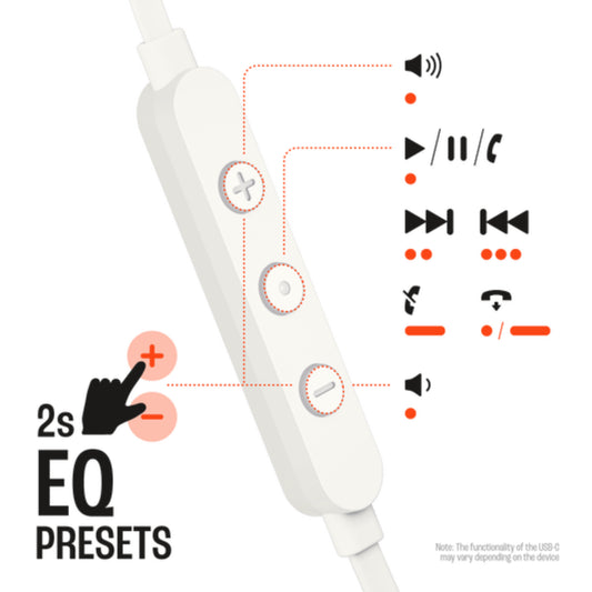 Controles de auriculares USB C blancos con presets de ecualizador