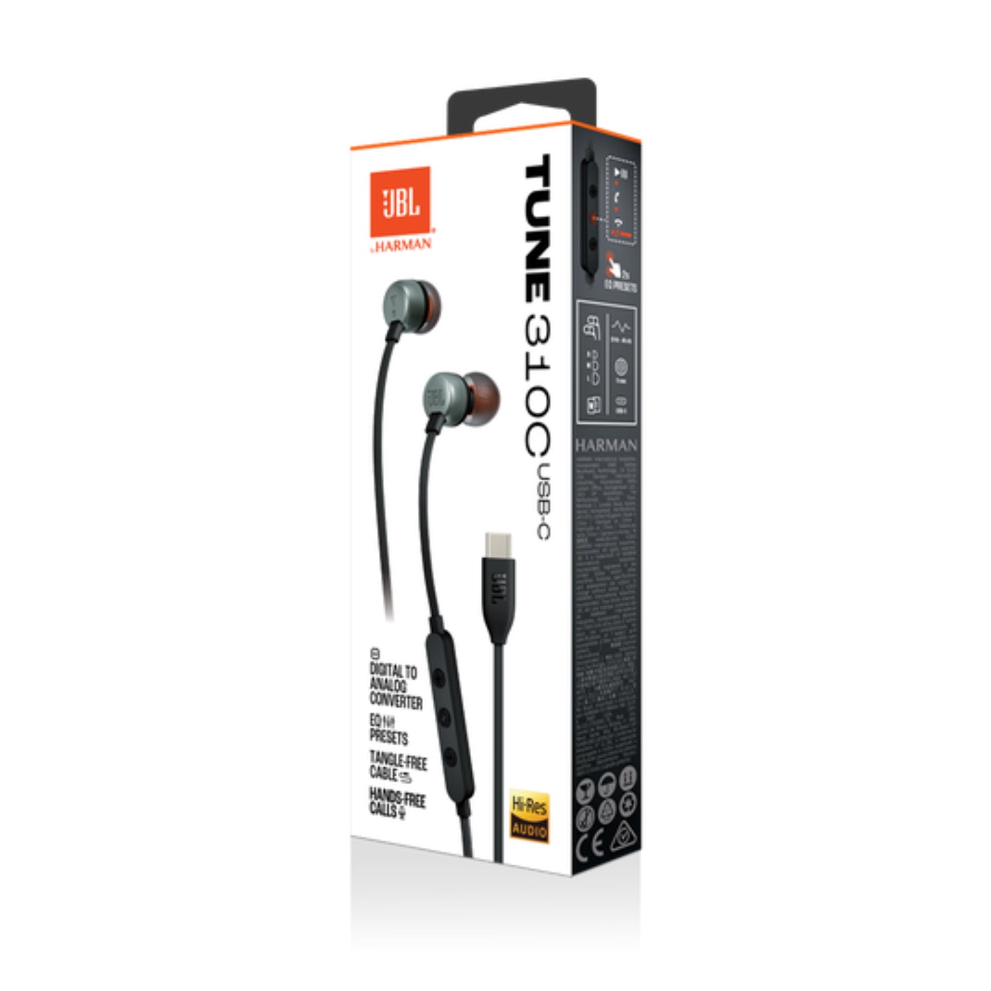 Auriculares USB-C JBL Tune 310, vista frontal, en caja