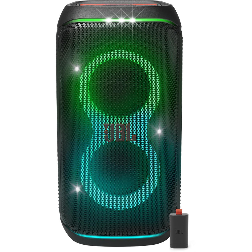 Parlante JBL LL05 con luces LED y batería extraíble JBL para parlantes destacada al lado