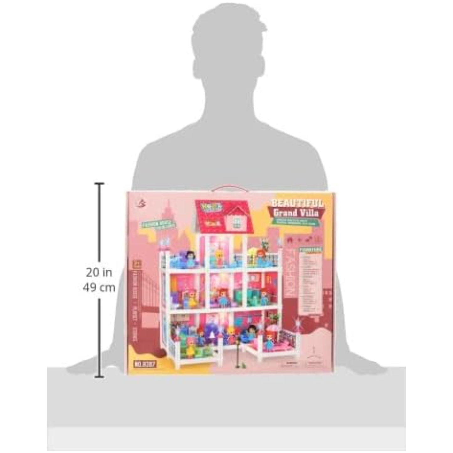 Casa de muñecas colorido modelo con varias habitaciones y accesorios, vista frontal