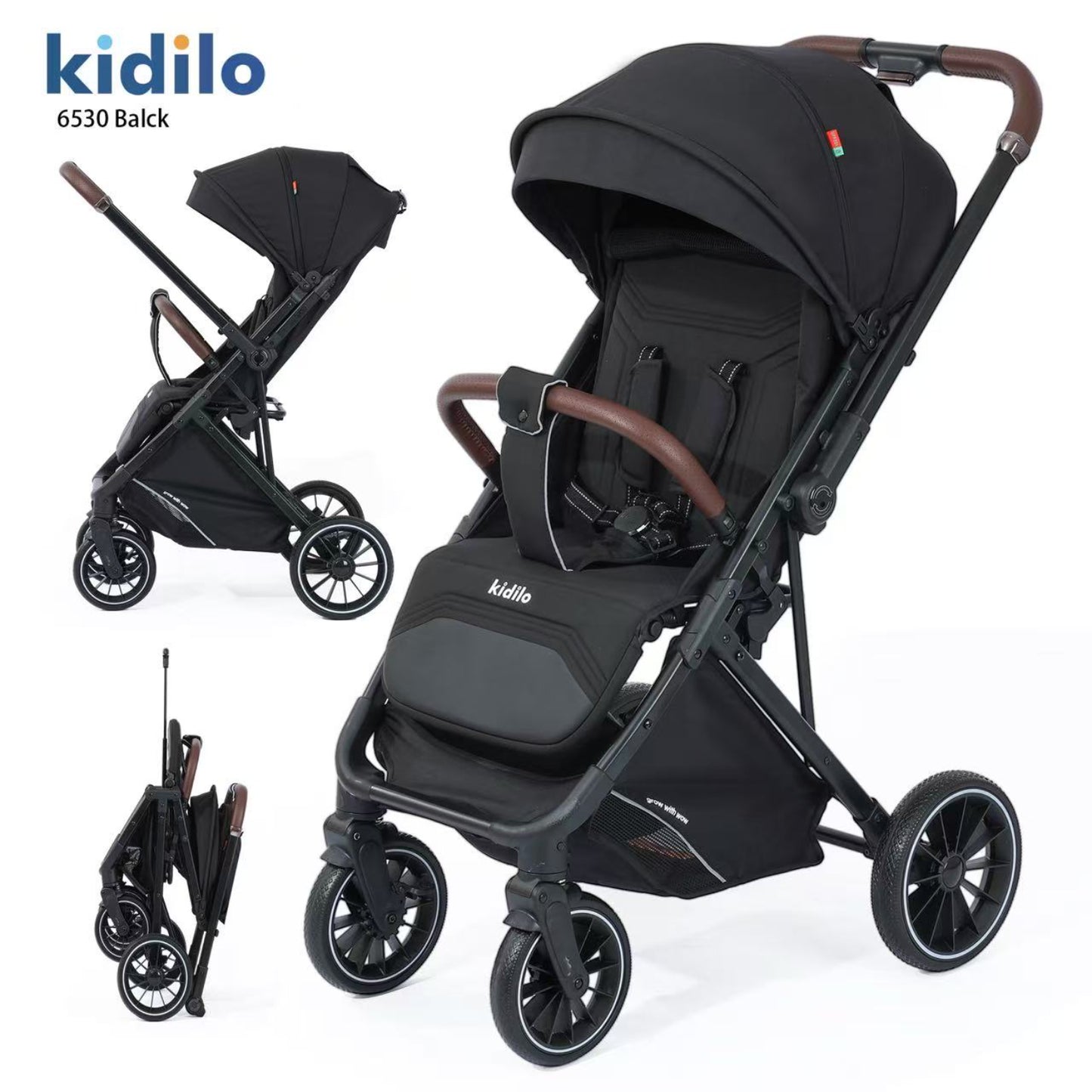 Coche de bebé negro Kidilo estilo moderno y plegable con capota grande