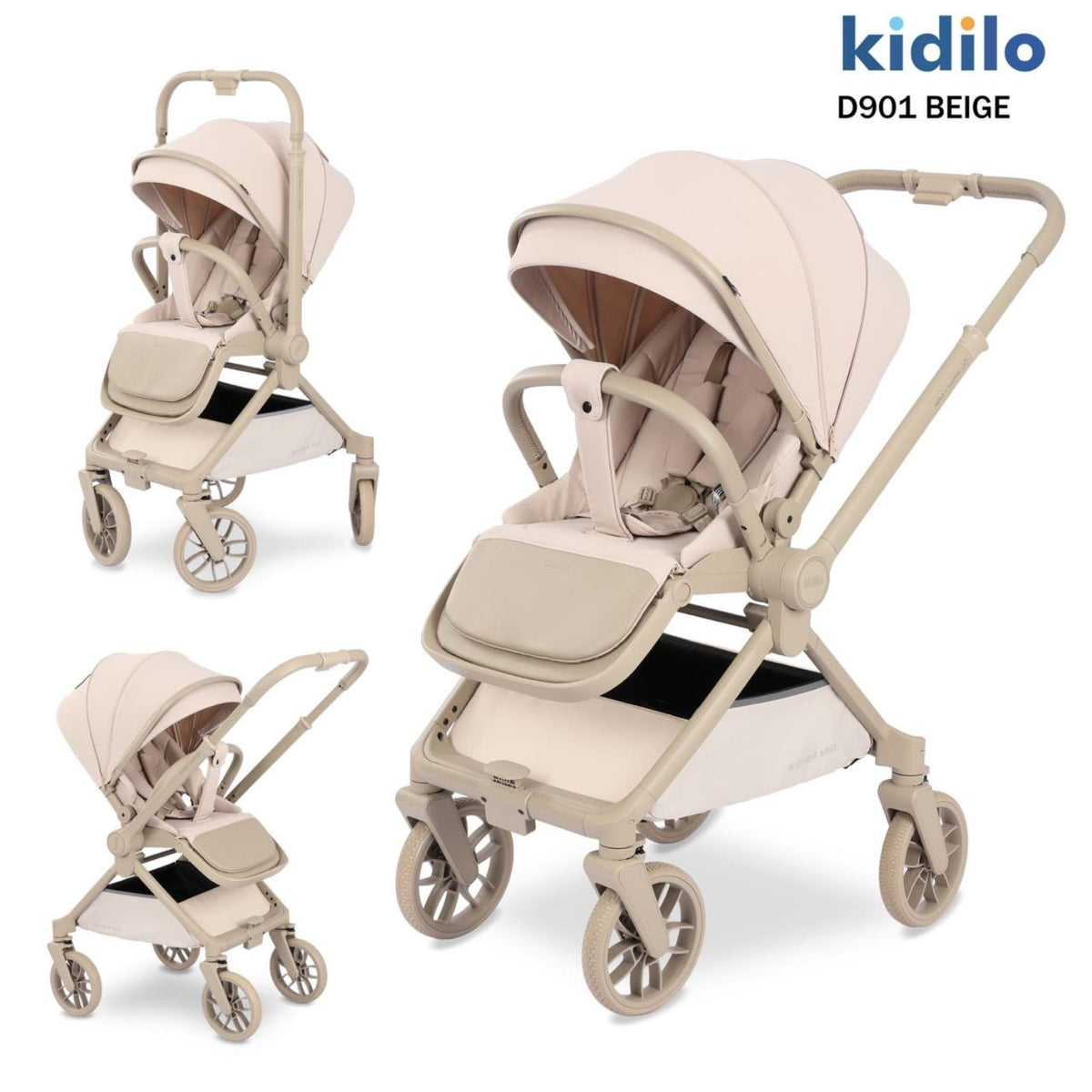 Coche de paseo beige KIDILO D901, diferentes ángulos, diseño moderno y práctico