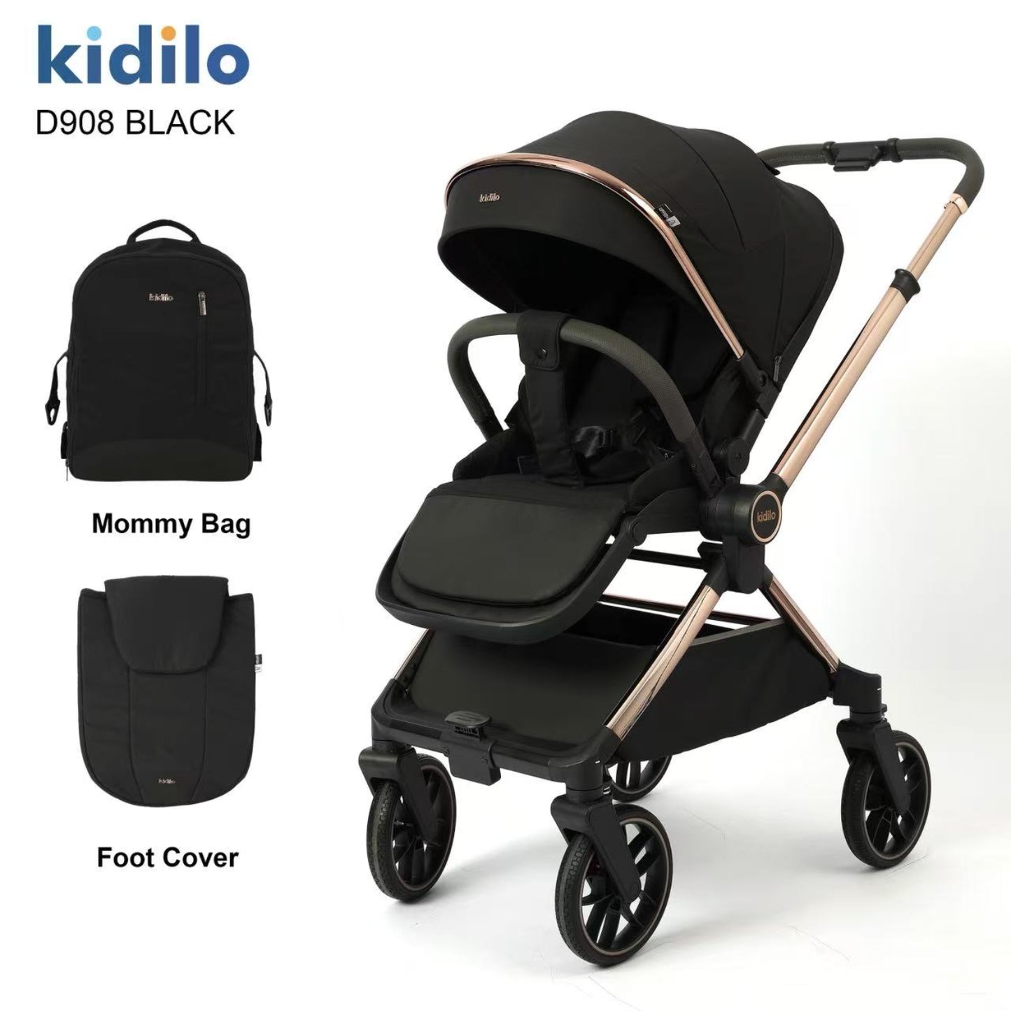 Coche negro Kidilo D908 con bolso y cubierta para pies, vista frontal