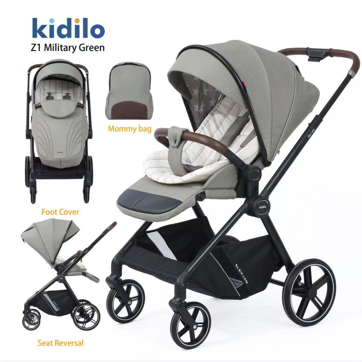 coche Kidilo Z1 verde militar, vista frontal y accesorios incluidos