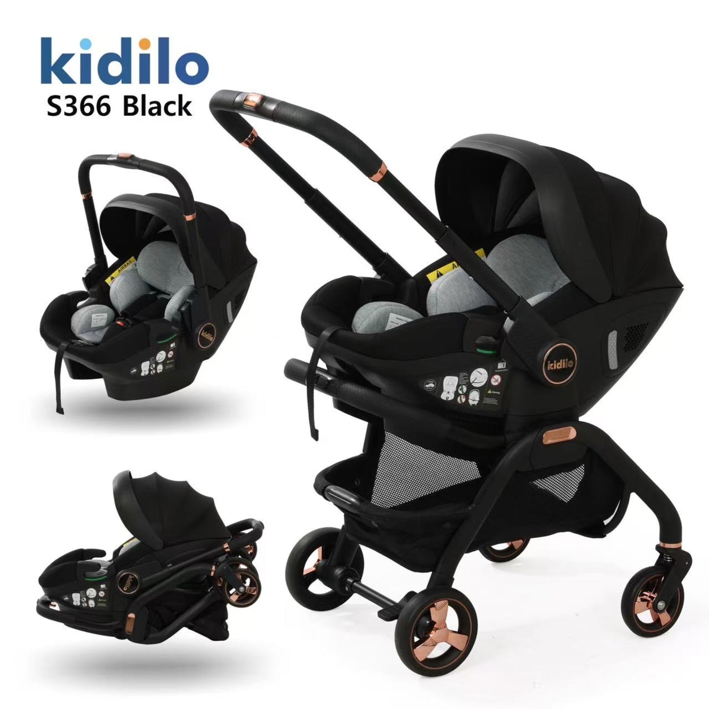 Cochecito negro Kidilo S366 con asiento para bebé y manillar ajustable