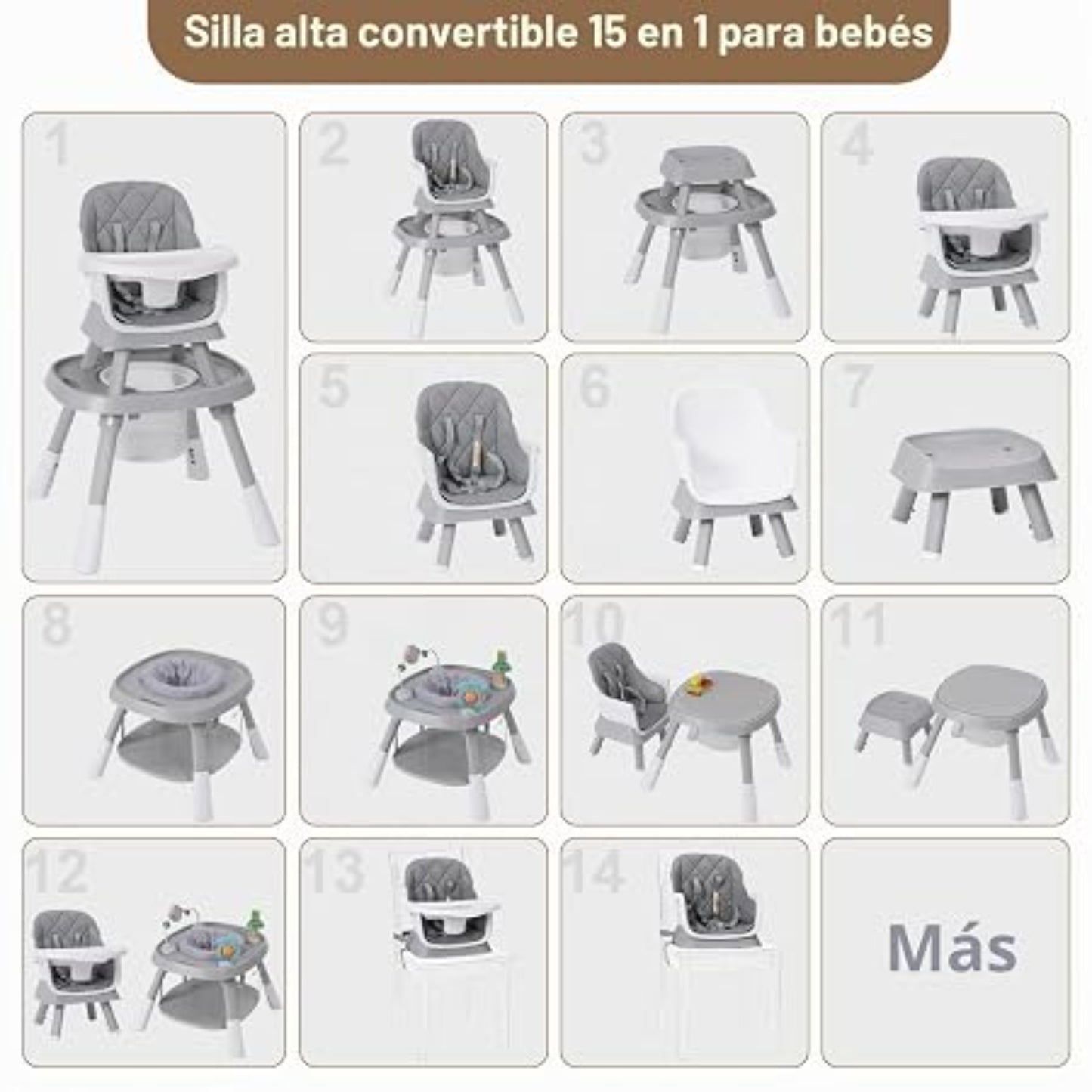 Silla alta convertible 15 en 1 para bebés, vista frontal mostrando varias configuraciones