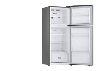 Refrigeradora LG 7 pies top mount de color gris con estantes amplios y diseño moderno