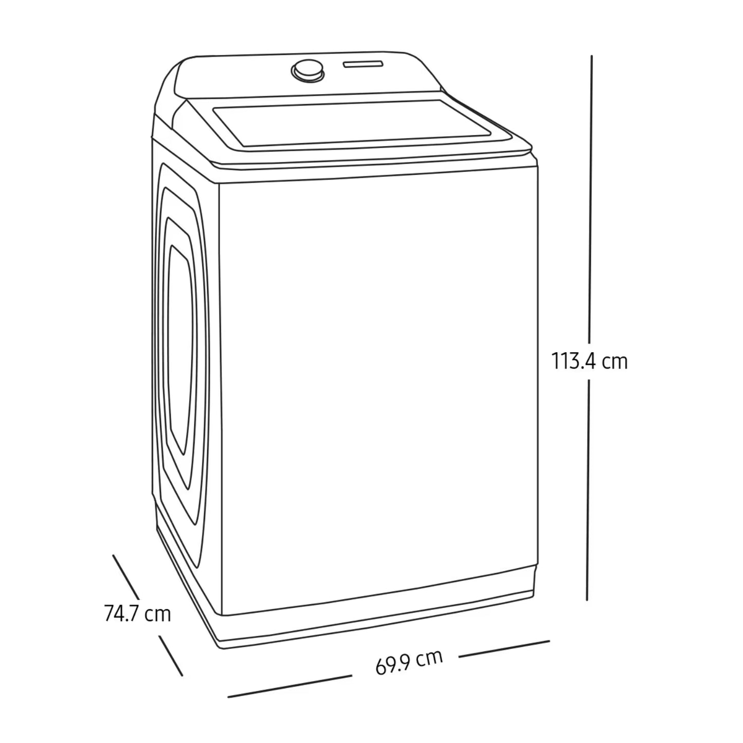 Lavadora Samsung frontal, dimensiones 113.4 cm alto, 69.9 cm ancho, 74.7 cm profundo