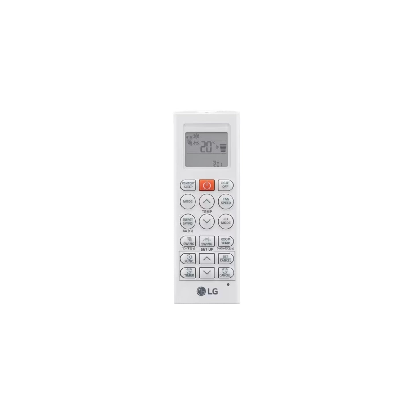 Control remoto blanco para aire acondicionado portátil, vista frontal y diseño ergonómico