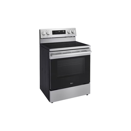 Estufa LG negra y plateada, vista frontal, cocina moderna