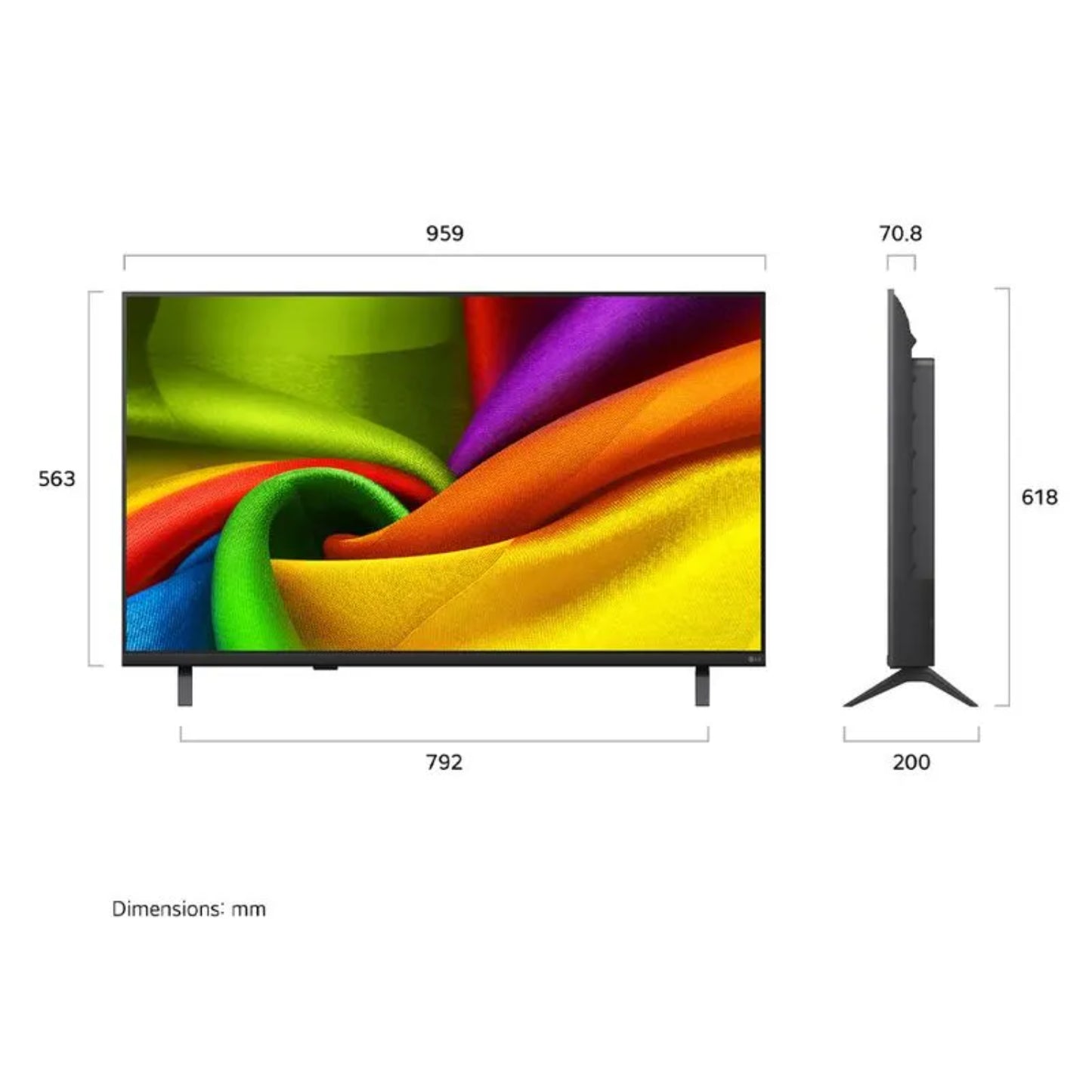 Televisor LG Smart TV negro, frontal y lateral, colores vibrantes en pantalla