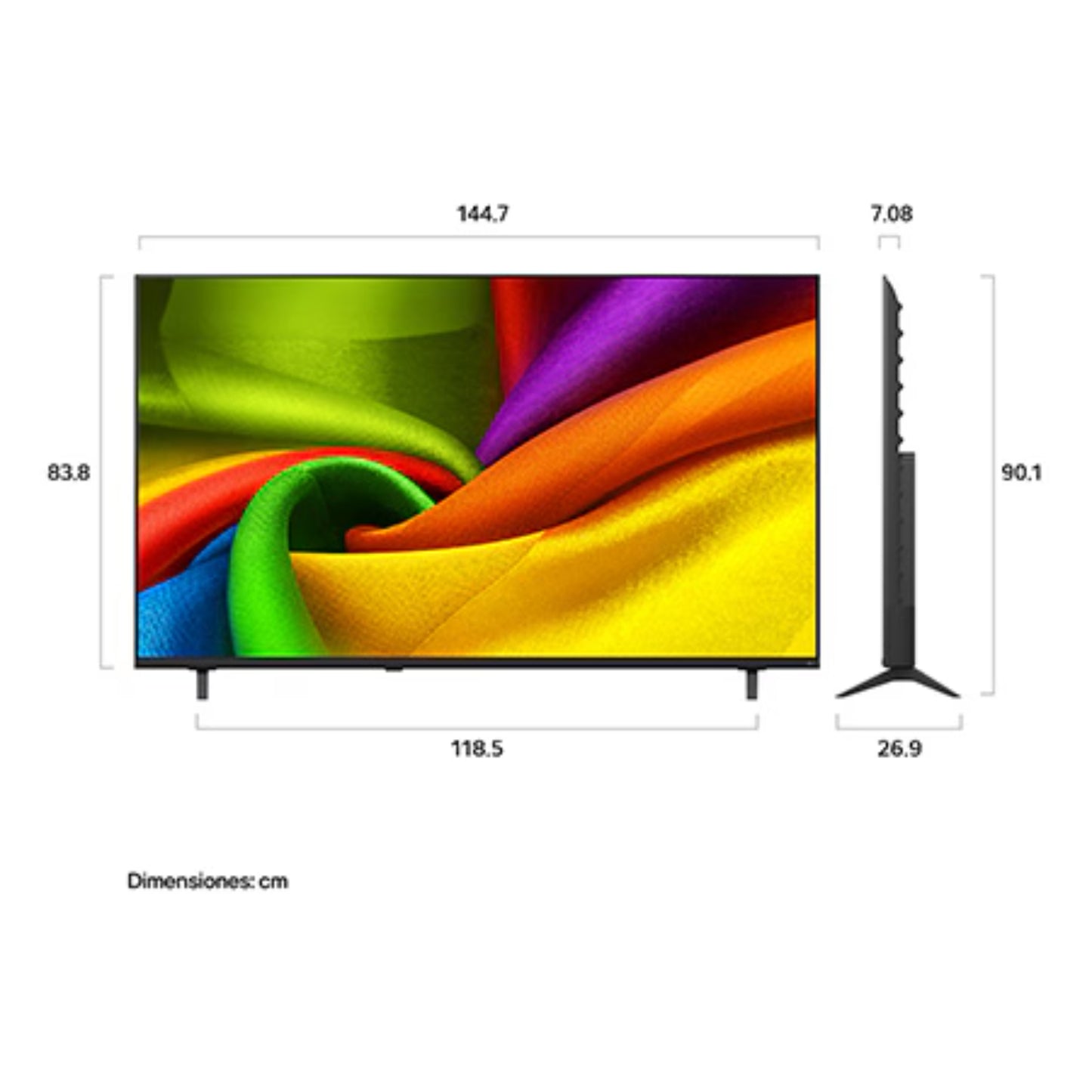 Televisor LG Smart TV de 55 pulgadas, vista frontal y dimensiones detalladas