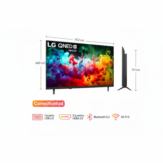 Televisor LG QNED AI Smart de 111,2 cm, vista lateral, conectividad avanzada